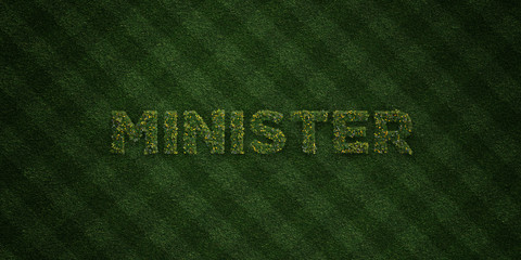 MINISTER - fresh Grass letters with flowers and dandelions - 3D rendered royalty free stock image. Can be used for online banner ads and direct mailers..