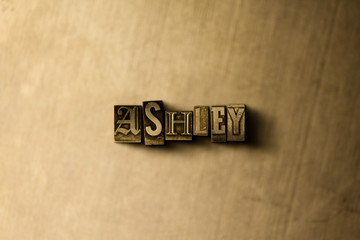 ASHLEY - close-up of grungy vintage typeset word on metal backdrop. Royalty free stock - 3D rendered stock image.  Can be used for online banner ads and direct mail.