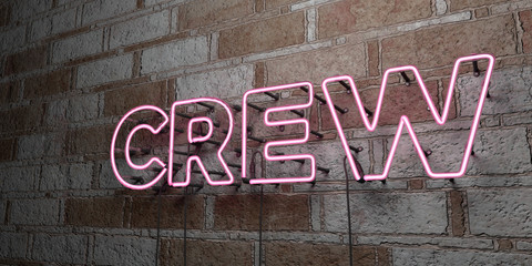 CREW - Glowing Neon Sign on stonework wall - 3D rendered royalty free stock illustration.  Can be used for online banner ads and direct mailers..