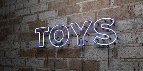 TOYS - Glowing Neon Sign on stonework wall - 3D rendered royalty free stock illustration.  Can be used for online banner ads and direct mailers..