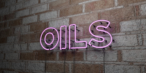 OILS - Glowing Neon Sign on stonework wall - 3D rendered royalty free stock illustration.  Can be used for online banner ads and direct mailers..