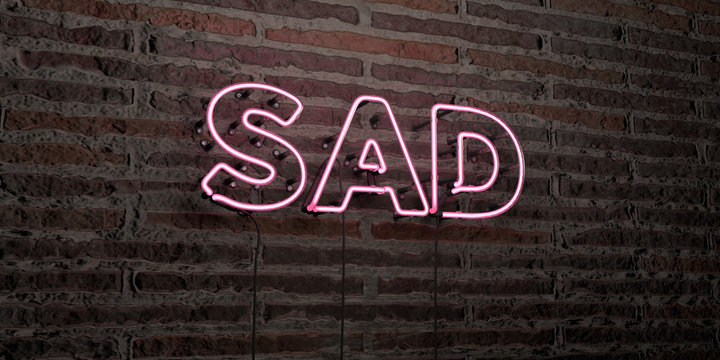 SAD -Realistic Neon Sign on Brick Wall background - 3D rendered royalty free stock image. Can be used for online banner ads and direct mailers..