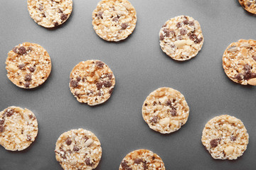 Cereal cookies on baking tray, closeup