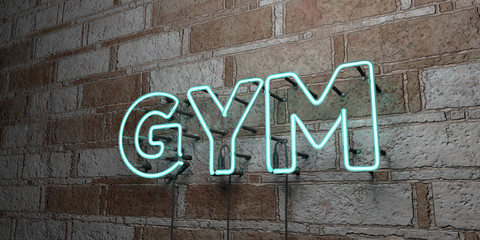 GYM - Glowing Neon Sign on stonework wall - 3D rendered royalty free stock illustration.  Can be used for online banner ads and direct mailers..
