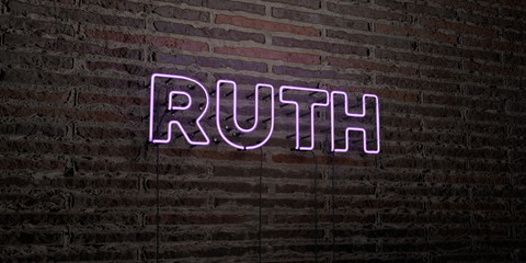 RUTH -Realistic Neon Sign on Brick Wall background - 3D rendered royalty free stock image. Can be used for online banner ads and direct mailers..