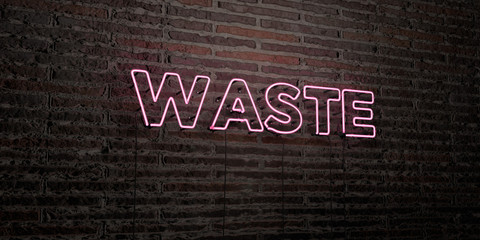 WASTE -Realistic Neon Sign on Brick Wall background - 3D rendered royalty free stock image. Can be used for online banner ads and direct mailers..