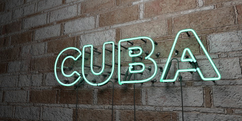 CUBA - Glowing Neon Sign on stonework wall - 3D rendered royalty free stock illustration.  Can be used for online banner ads and direct mailers..