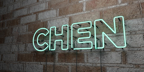 CHEN - Glowing Neon Sign on stonework wall - 3D rendered royalty free stock illustration.  Can be used for online banner ads and direct mailers..