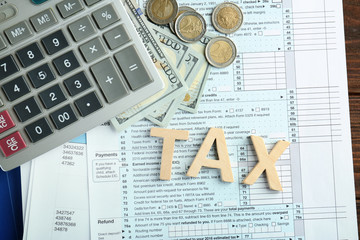 Word TAX on documents, closeup