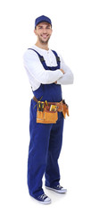 Plumber with tool belt and crossed hands isolated on white