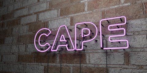 CAPE - Glowing Neon Sign on stonework wall - 3D rendered royalty free stock illustration.  Can be used for online banner ads and direct mailers..