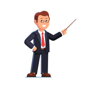 Business man teacher pointing with pointer stick