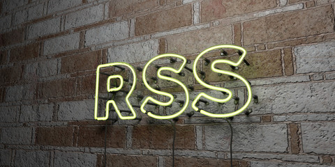 RSS - Glowing Neon Sign on stonework wall - 3D rendered royalty free stock illustration.  Can be used for online banner ads and direct mailers..