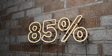 85% - Glowing Neon Sign on stonework wall - 3D rendered royalty free stock illustration.  Can be used for online banner ads and direct mailers..