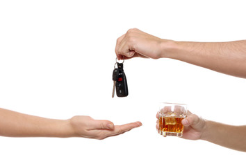 Drunk man giving car key to woman, on white background. Don't drink and drive concept
