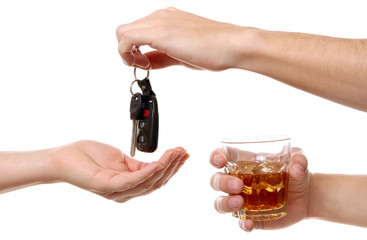 Drunk man giving car key to woman, on white background. Don't drink and drive concept