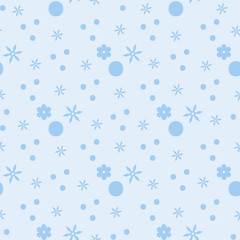 Seamless simple pattern with small circles and stars. Winter background. Substrate in the blue range. Small chaotic light blue pattern of snowflakes.