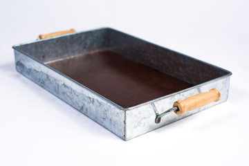 Galvanized Tin Box with Wooden Handles Isolated on White perspec