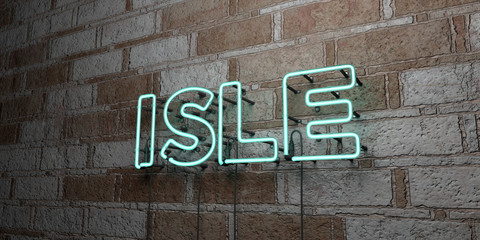 ISLE - Glowing Neon Sign on stonework wall - 3D rendered royalty free stock illustration.  Can be used for online banner ads and direct mailers..
