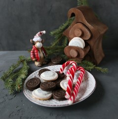 Chocolate cookies for Christmas with candy cane