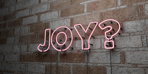 JOY? - Glowing Neon Sign on stonework wall - 3D rendered royalty free stock illustration.  Can be used for online banner ads and direct mailers..