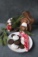 Chocolate cookies for Christmas with candy cane