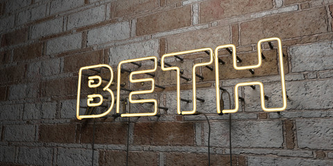 BETH - Glowing Neon Sign on stonework wall - 3D rendered royalty free stock illustration.  Can be used for online banner ads and direct mailers..