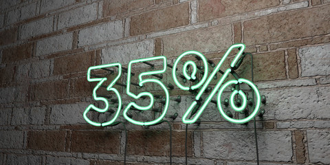 35% - Glowing Neon Sign on stonework wall - 3D rendered royalty free stock illustration.  Can be used for online banner ads and direct mailers..