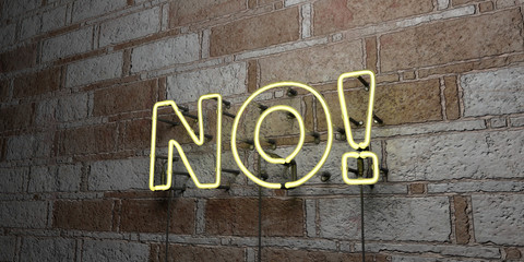 NO! - Glowing Neon Sign on stonework wall - 3D rendered royalty free stock illustration.  Can be used for online banner ads and direct mailers..