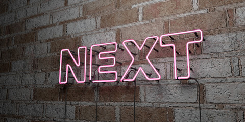 NEXT - Glowing Neon Sign on stonework wall - 3D rendered royalty free stock illustration.  Can be used for online banner ads and direct mailers..