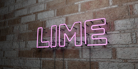 LIME - Glowing Neon Sign on stonework wall - 3D rendered royalty free stock illustration.  Can be used for online banner ads and direct mailers..