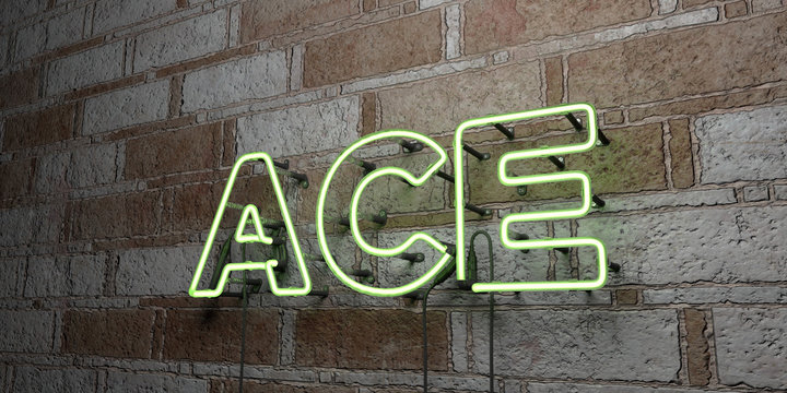 ACE - Glowing Neon Sign on stonework wall - 3D rendered royalty free stock illustration.  Can be used for online banner ads and direct mailers..
