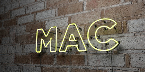 MAC - Glowing Neon Sign on stonework wall - 3D rendered royalty free stock illustration.  Can be used for online banner ads and direct mailers..