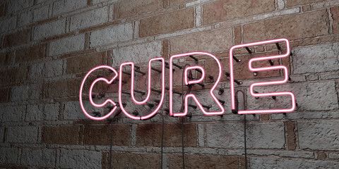 CURE - Glowing Neon Sign on stonework wall - 3D rendered royalty free stock illustration.  Can be used for online banner ads and direct mailers..