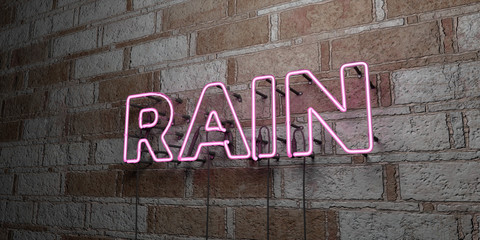 RAIN - Glowing Neon Sign on stonework wall - 3D rendered royalty free stock illustration.  Can be used for online banner ads and direct mailers..