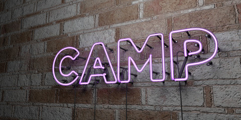 CAMP - Glowing Neon Sign on stonework wall - 3D rendered royalty free stock illustration.  Can be used for online banner ads and direct mailers..
