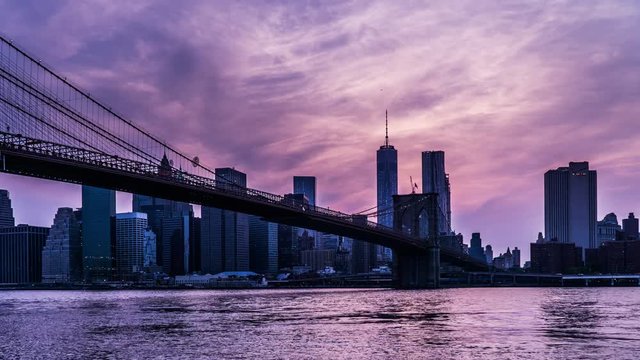  At dusk,the One World Trade Center and the Brooklyn Bridge, New York City, NY

