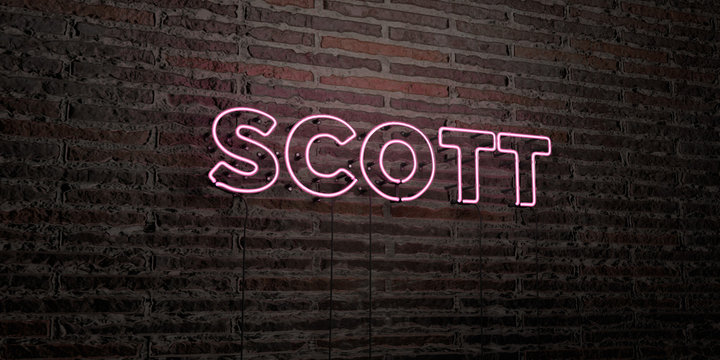 SCOTT -Realistic Neon Sign on Brick Wall background - 3D rendered royalty free stock image. Can be used for online banner ads and direct mailers..