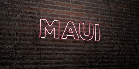 MAUI -Realistic Neon Sign on Brick Wall background - 3D rendered royalty free stock image. Can be used for online banner ads and direct mailers..