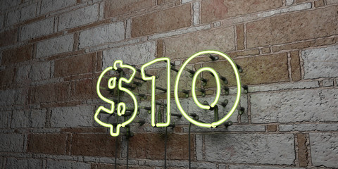 $10 - Glowing Neon Sign on stonework wall - 3D rendered royalty free stock illustration.  Can be used for online banner ads and direct mailers..