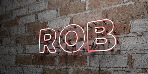 ROB - Glowing Neon Sign on stonework wall - 3D rendered royalty free stock illustration.  Can be used for online banner ads and direct mailers..