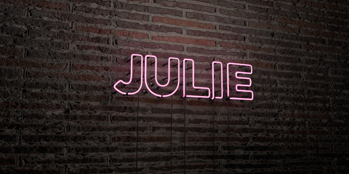 JULIE -Realistic Neon Sign on Brick Wall background - 3D rendered royalty free stock image. Can be used for online banner ads and direct mailers..
