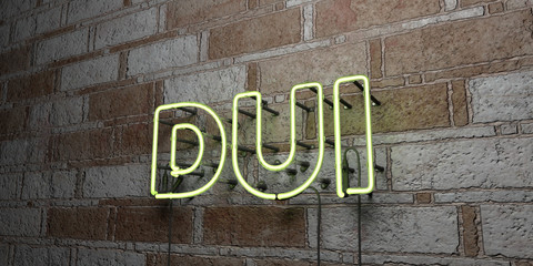 DUI - Glowing Neon Sign on stonework wall - 3D rendered royalty free stock illustration.  Can be used for online banner ads and direct mailers..