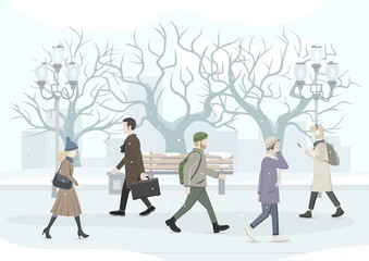 People walking after work. People use mobile phone. Wintertime season. View of City Park. Vector flat illustration.