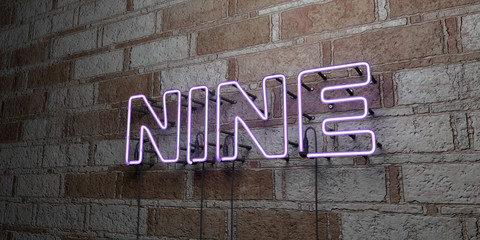 NINE - Glowing Neon Sign on stonework wall - 3D rendered royalty free stock illustration.  Can be used for online banner ads and direct mailers..