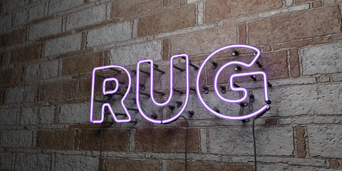 RUG - Glowing Neon Sign on stonework wall - 3D rendered royalty free stock illustration.  Can be used for online banner ads and direct mailers..