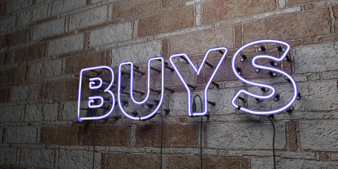 BUYS - Glowing Neon Sign on stonework wall - 3D rendered royalty free stock illustration.  Can be used for online banner ads and direct mailers..
