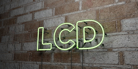 LCD - Glowing Neon Sign on stonework wall - 3D rendered royalty free stock illustration.  Can be used for online banner ads and direct mailers..