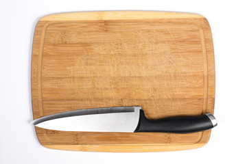 Wooden Cutting Board with Large Knife Straight Isolated on White