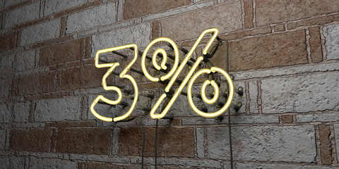 3% - Glowing Neon Sign on stonework wall - 3D rendered royalty free stock illustration.  Can be used for online banner ads and direct mailers..